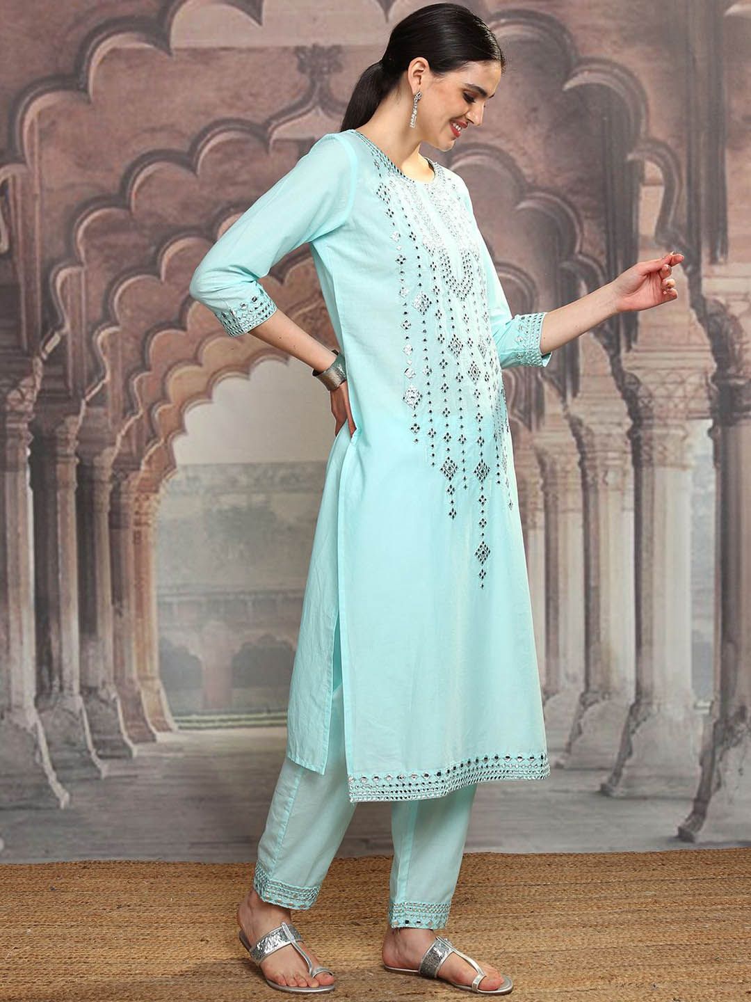 Vishudh Blue Ethnic Motifs Embroidered Pure Cotton Straight Kurta With Trousers & Dupatta