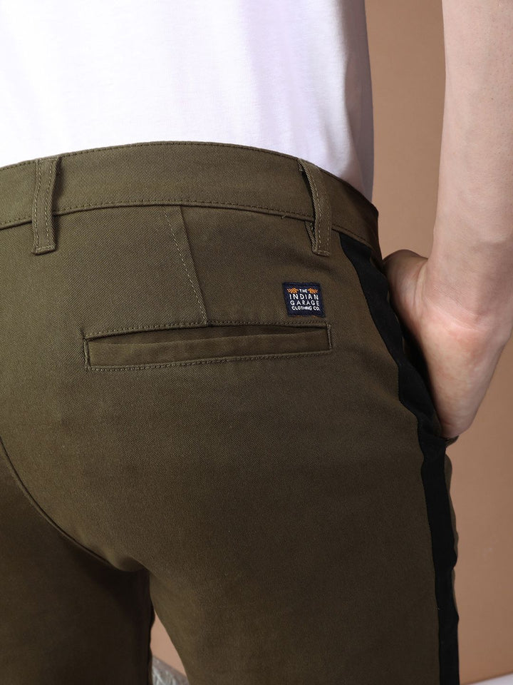 The Indian Garage Co Men Olive Green Slim Fit Solid Chinos With Side Strip Detail