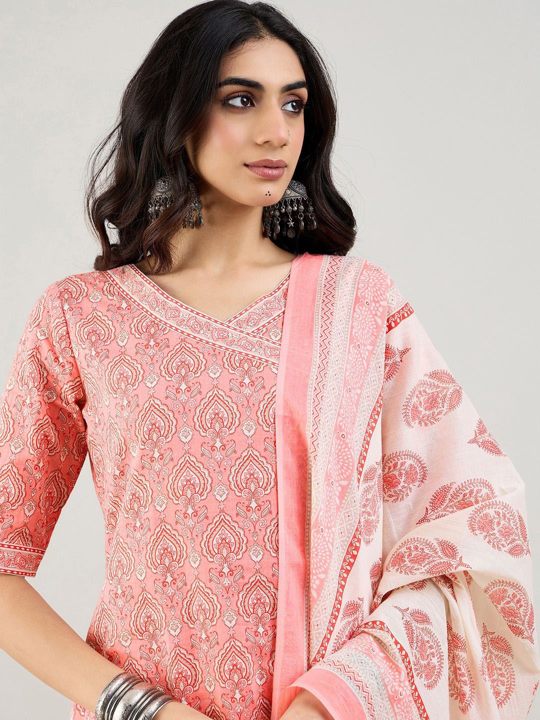 Indo Era Ethnic Motifs Printed Angrakha Pure Cotton Kurta With Trousers & Dupatta