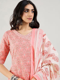 Indo Era Ethnic Motifs Printed Angrakha Pure Cotton Kurta With Trousers & Dupatta