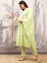 Vishudh Floral Embroidered Angrakha Thread Work Pure Cotton Kurta with Trousers & Dupatta