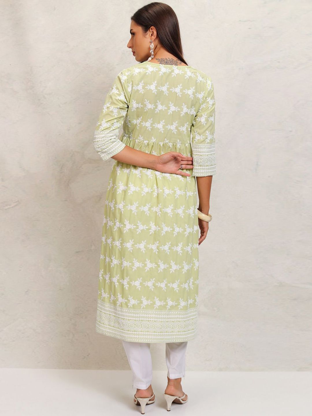 Vishudh Lime Green Floral Embroidered Thread Work Pleated A-Line Kurta