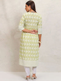 Vishudh Lime Green Floral Embroidered Thread Work Pleated A-Line Kurta