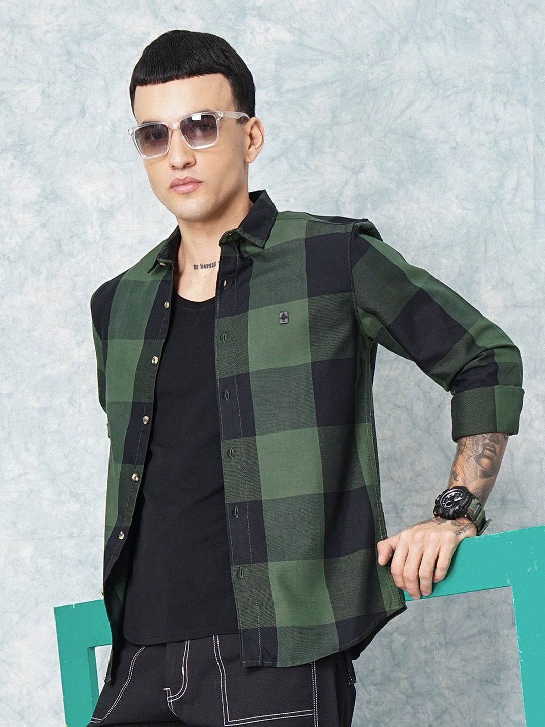 The Indian Garage Co Men Olive Green Grid Tattersall Checked Pure Cotton Casual Shirt