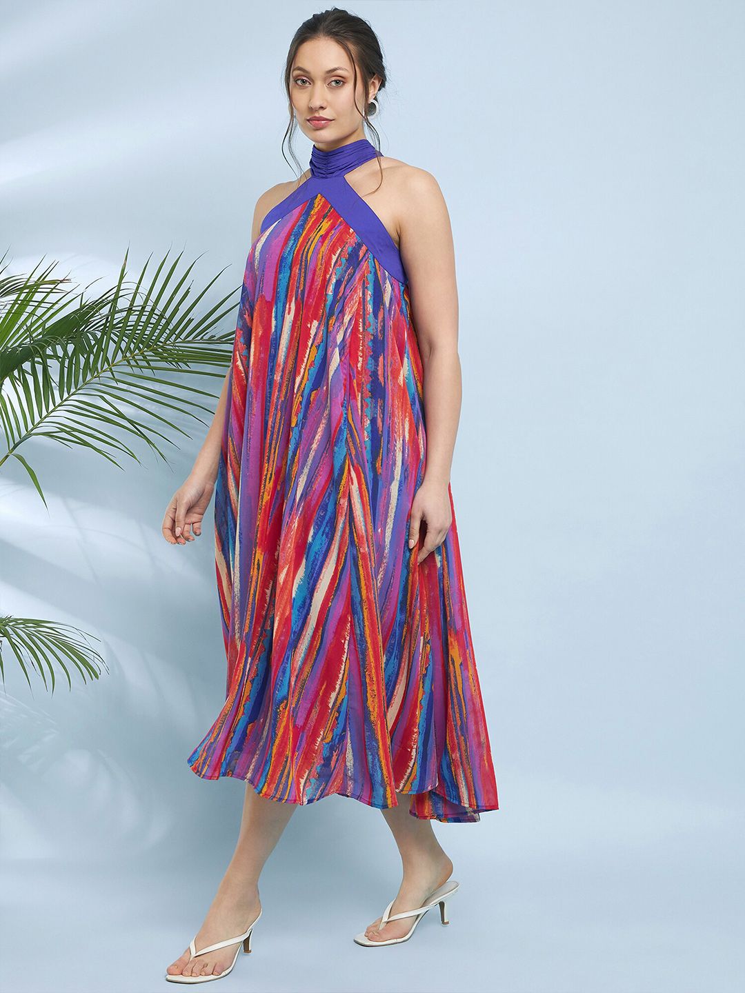 Antheaa Striped Printed Halter Neck A-Line Midi Dress