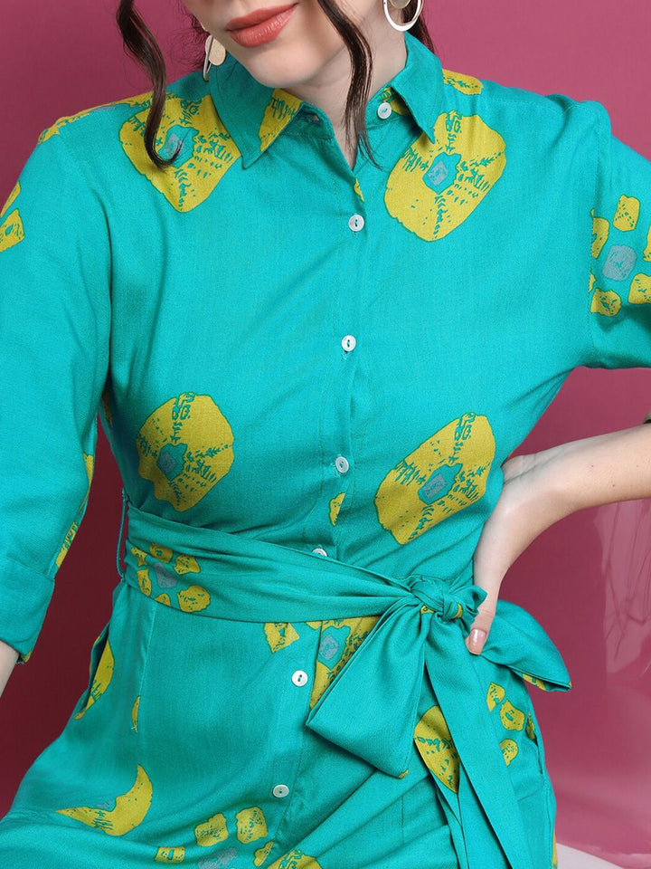 Vishudh Turquoise Blue Geometric Printed Tie Ups Detail Shirt Style Dress