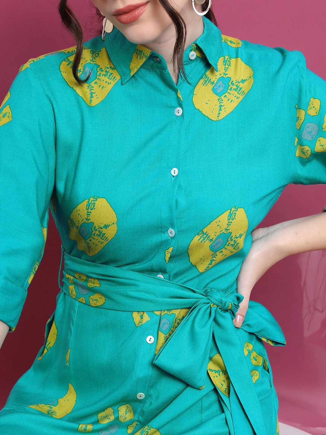 Vishudh Turquoise Blue Geometric Printed Tie Ups Detail Shirt Style Dress