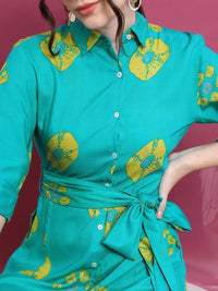 Vishudh Turquoise Blue Geometric Printed Tie Ups Detail Shirt Style Dress