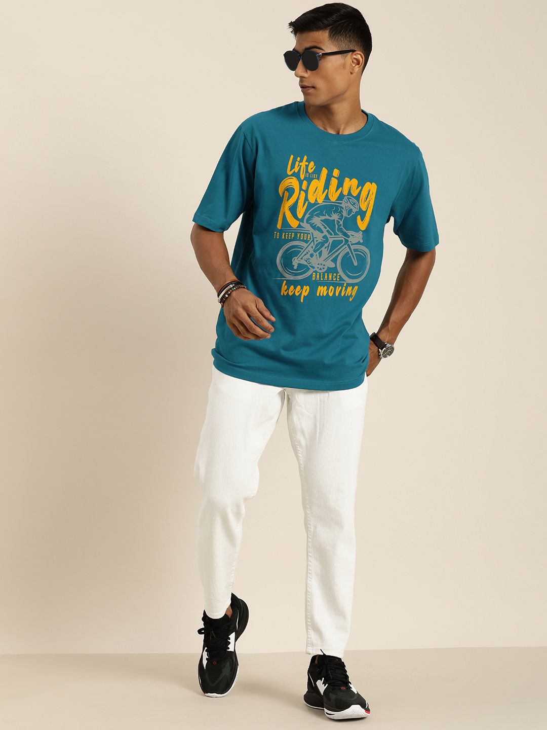 DILLINGER Men Teal Blue & Yellow Graphic Printed Oversized T-shirt