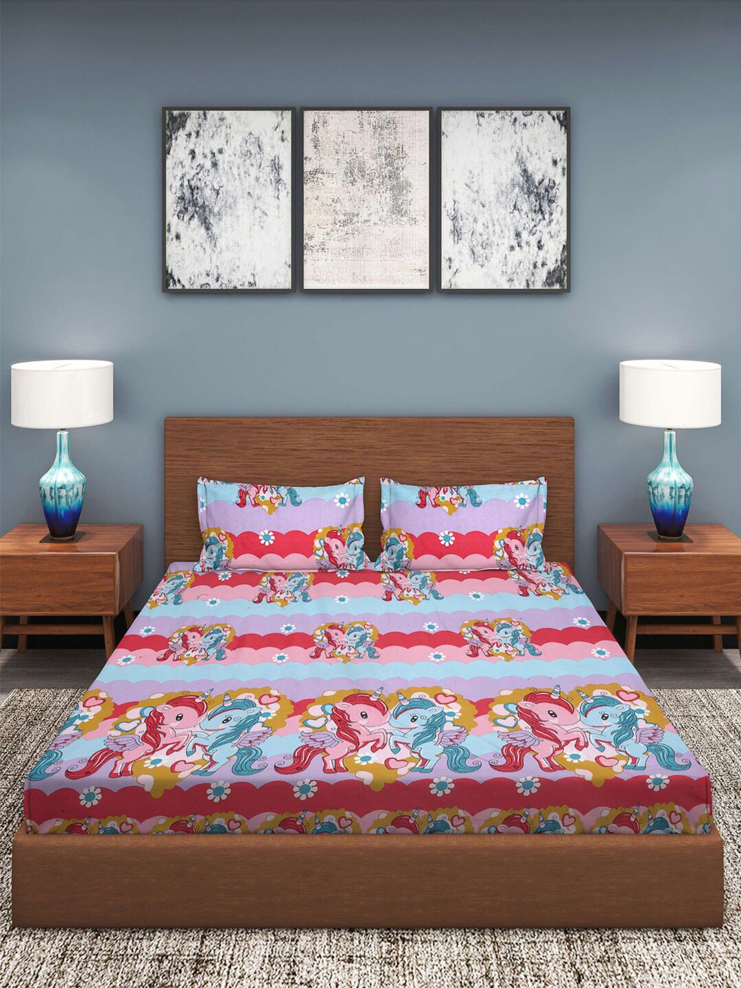 KLOTTHE Blue Cartoon Characters Cotton 300 TC Fitted King Fine Bedsheet with 2 Pillow Covers-106 x 106 inches