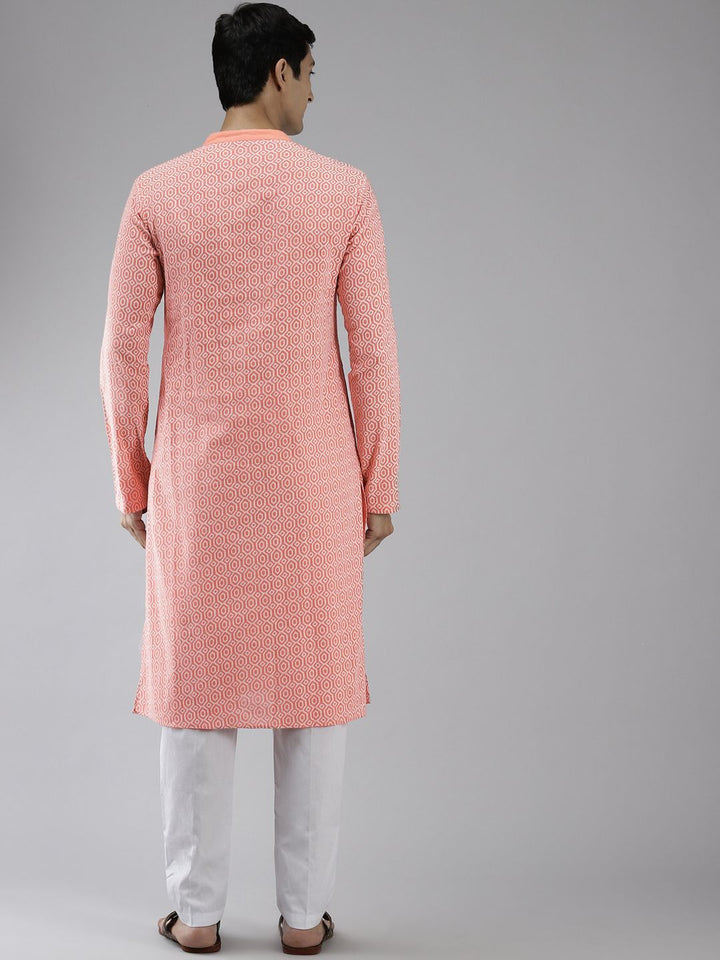 See Designs Men Coral Pink Printed Pure Cotton Kurta with Trousers