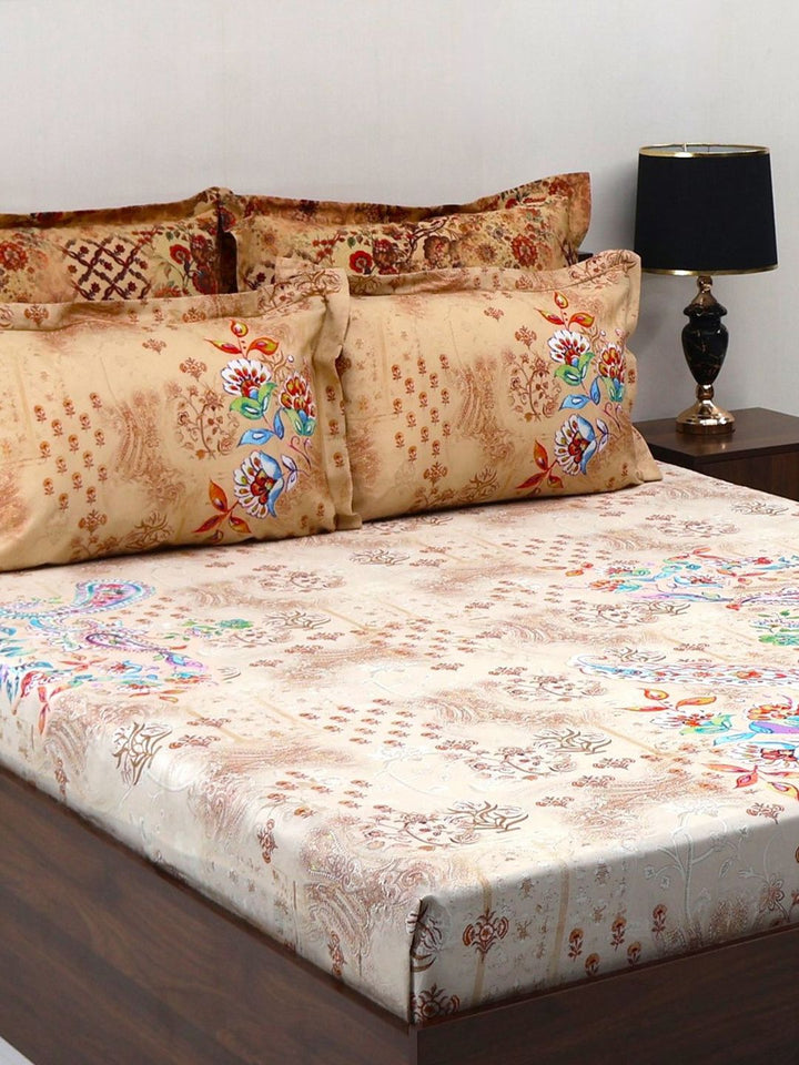 BOMBAY DYEING Ethnicity Beige Ethnic Printed Cotton 300 TC King Bedsheet Set 2.74 x 2.74 m