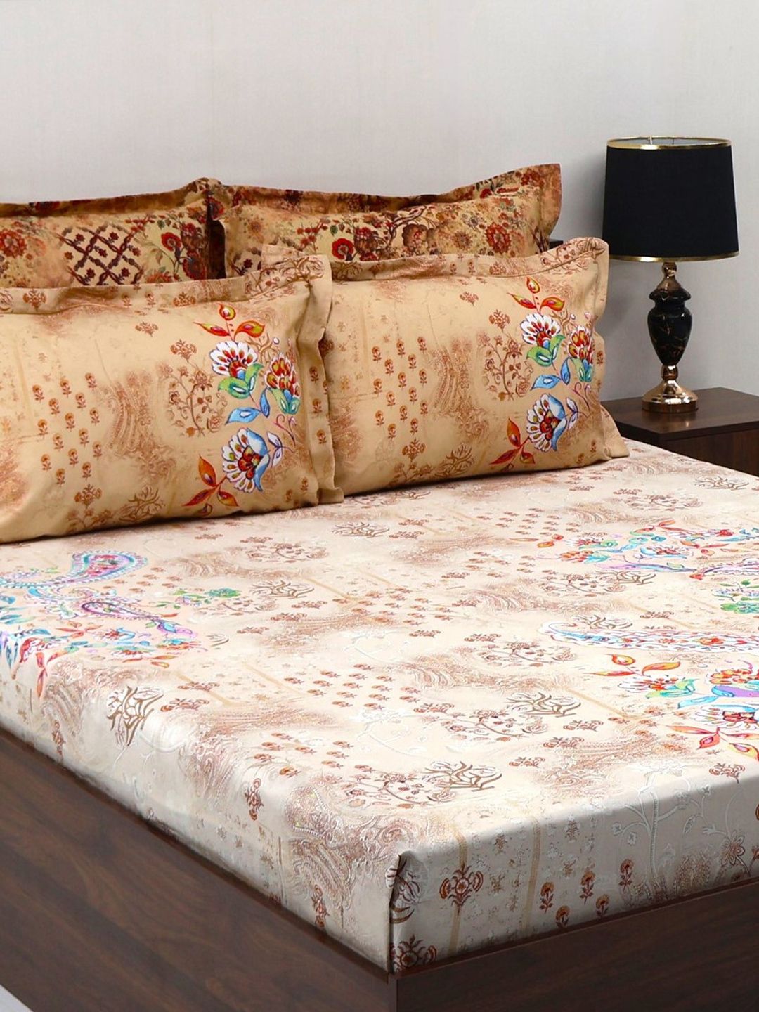 BOMBAY DYEING Ethnicity Beige Ethnic Printed Cotton 300 TC King Bedsheet Set 2.74 x 2.74 m