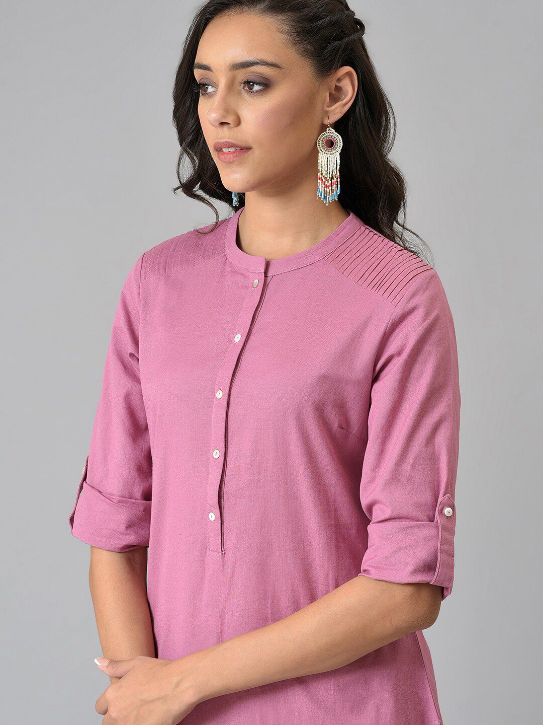 W Pink Roll-Up Sleeves Pathani Kurta
