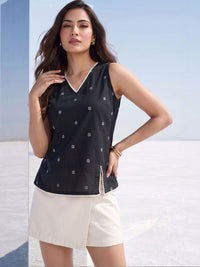 Mamicha Geometric Print Ruffles Cotton Top