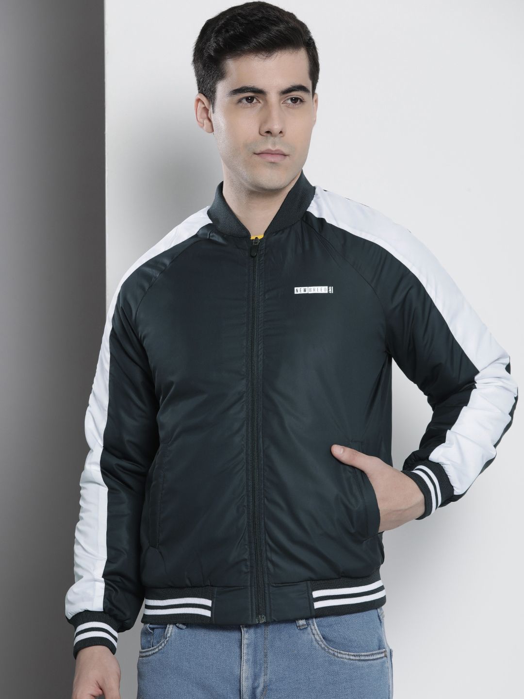The Indian Garage Co Men Navy Blue White Striped Bomber Jacket