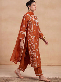 House of Chikankari Women Ethnic Motifs Embroidered Regular Thread Work Chanderi Silk Kurta with Trousers &