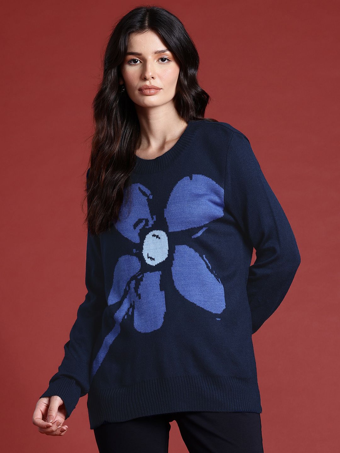 all about you Floral Design Full Sleeves Longline Sweater