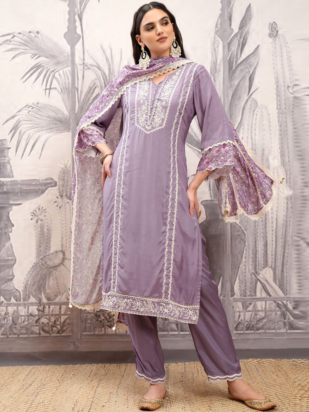 Vishudh Purple Embroidered Notch Neck Thread Work Straight Kurta With Trousers & Dupatta