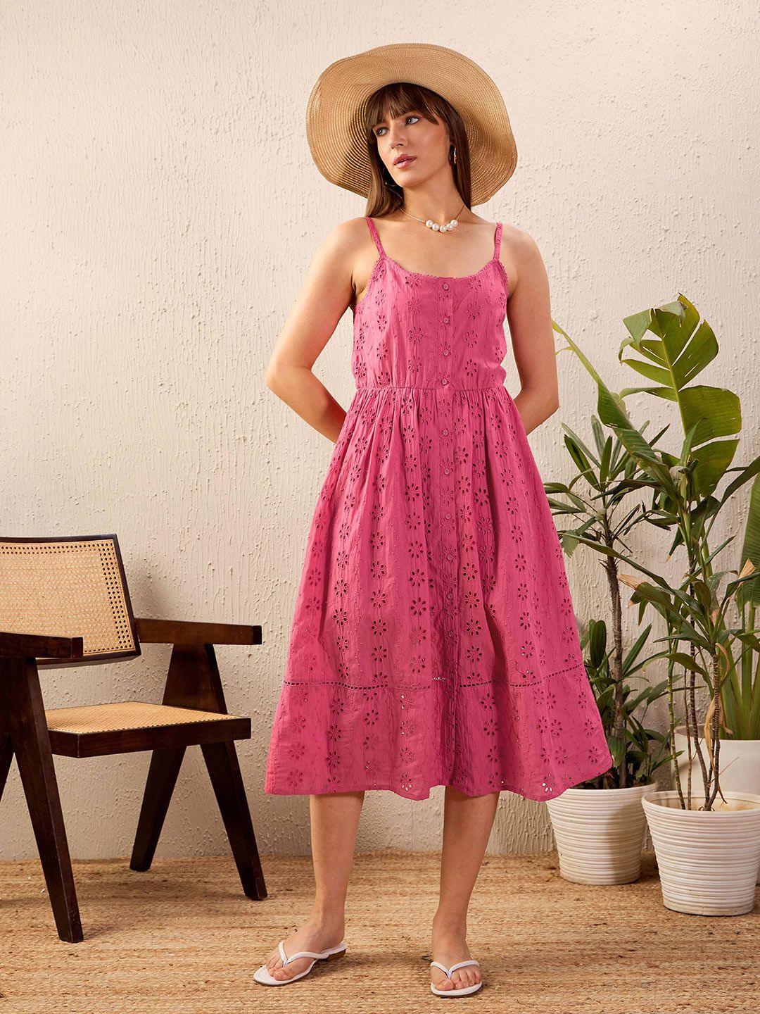 Sassafras Pink Diri Reka Bentuk Kapas Pure Fit & Flare Midi Dress