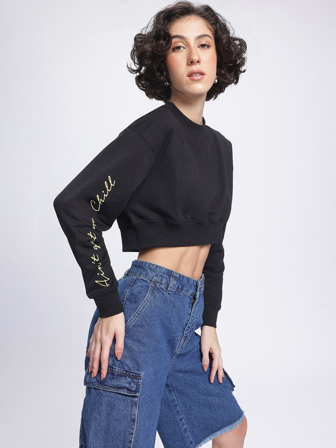 DressBerry Printed Sleeves Cropped Sweatshirt