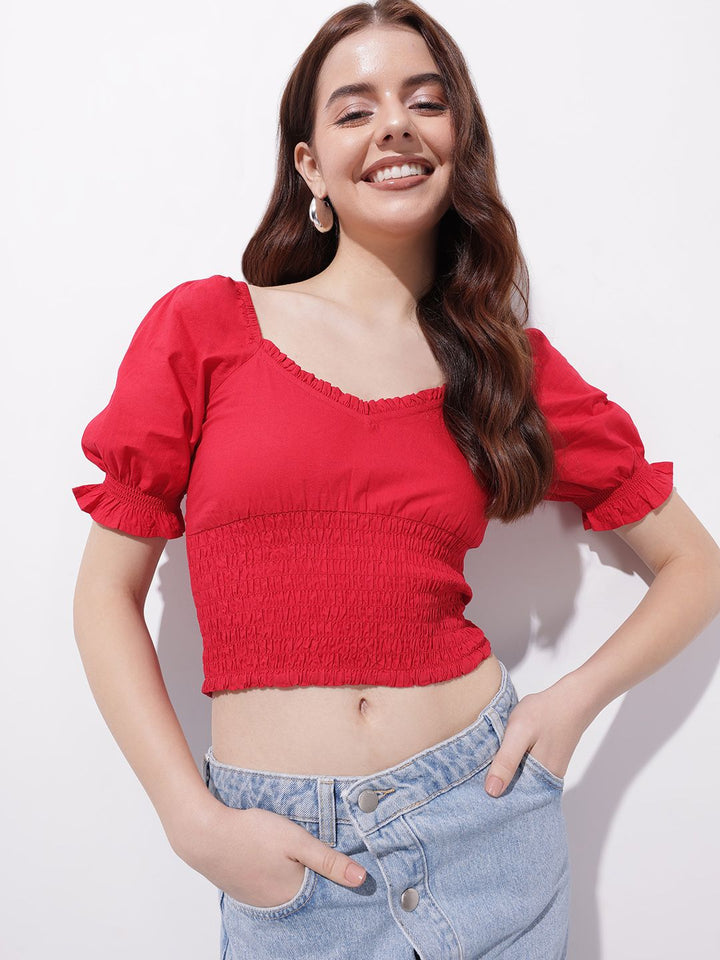 DressBerry Cherry Red Date Night Diva Smocked Crop Top