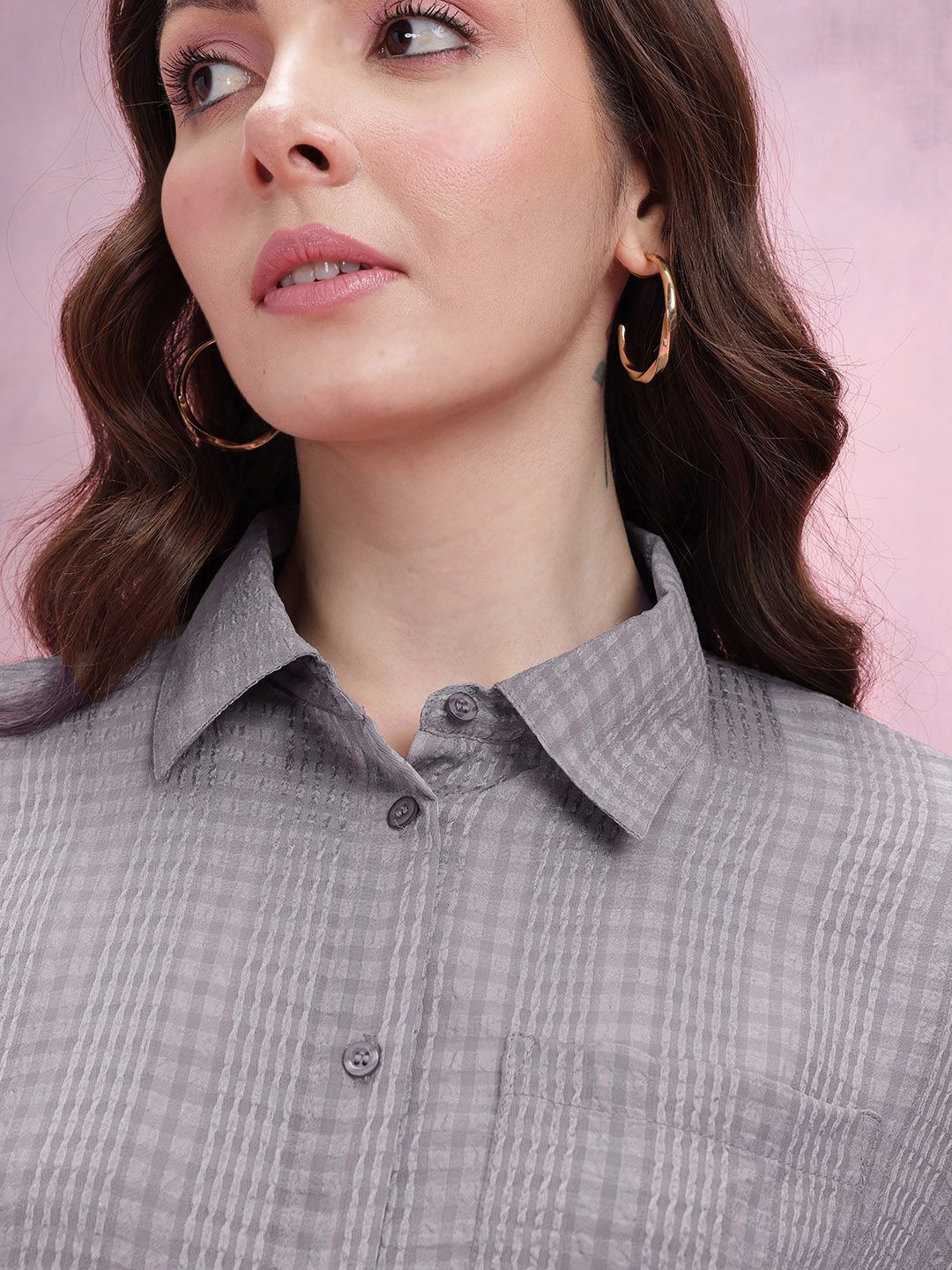 DressBerry Seersucker Checked Boxy Casual Shirt