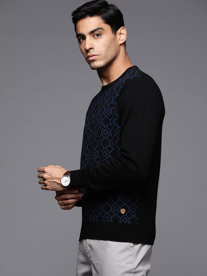 Raymond Men Black & Blue Geometric Woolen Pullover