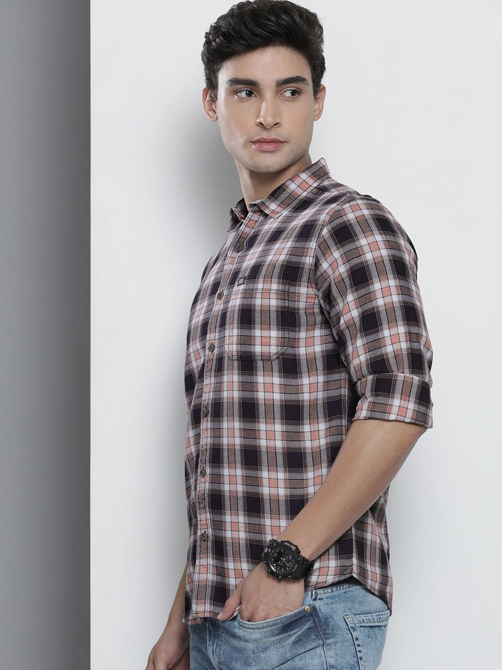 The Indian Garage Co Men Navy Blue & Peach-Coloured Cotton Checked Casual Shirt