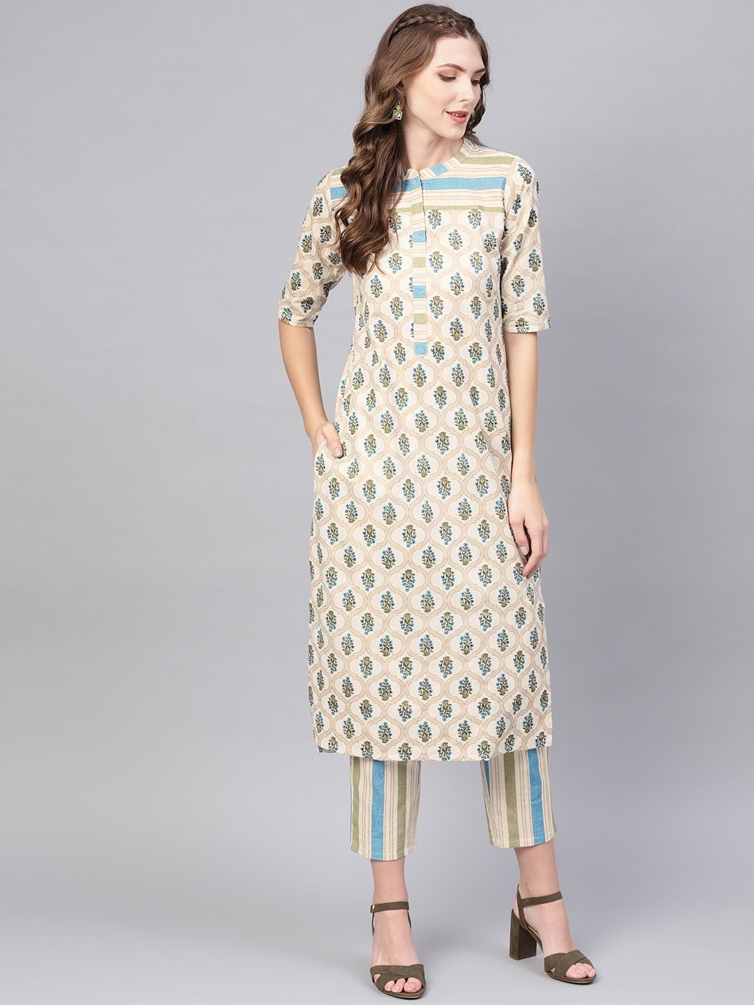 Gerua By Libas Women Off-White  Blue Printed Kurta with Trousers