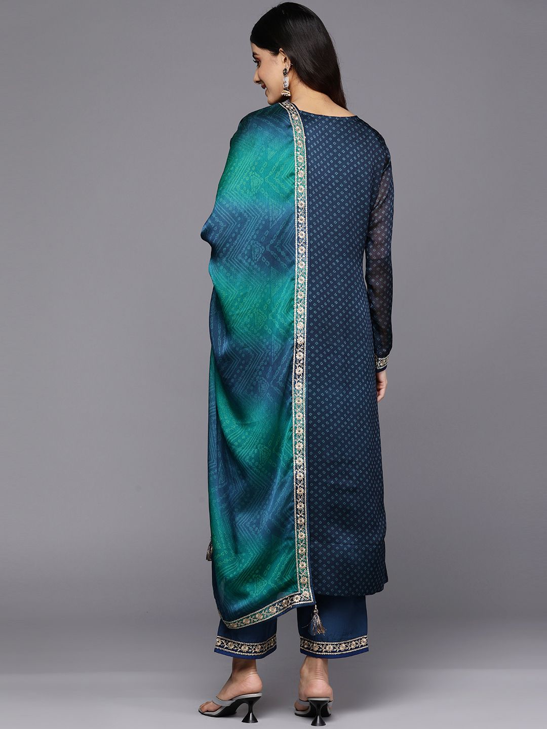 Libas Women Blue Bandhani Printed Kurta with Trousers & With Dupatta