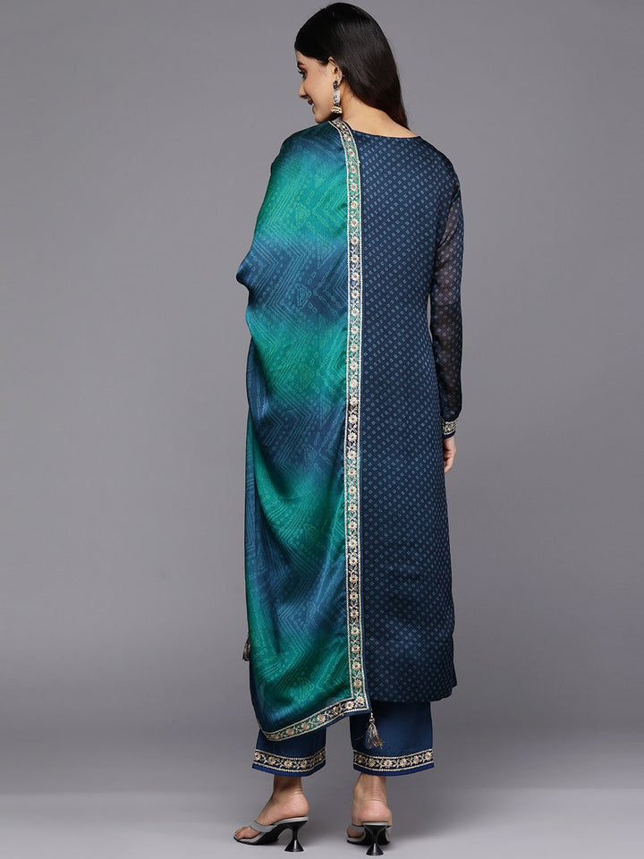 Libas Women Blue Bandhani Printed Kurta with Trousers & With Dupatta