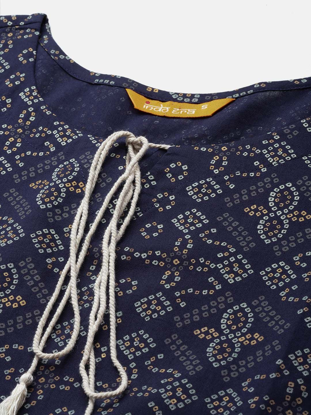 Indo Era Bandhani Foil Printed Tie-Up Neck Indigo Kurta