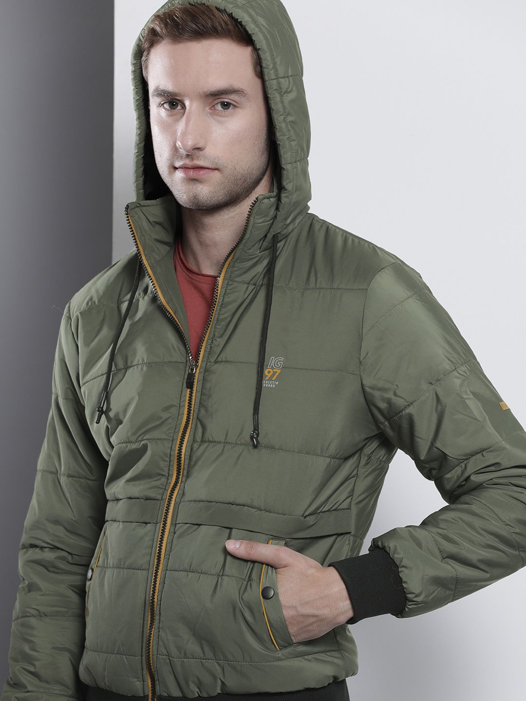 The Indian Garage Co Men Slim Fit Zip-Front Hooded Puffer Jacket