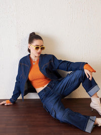 Antheaa Women Blue Comfort Relaxed Fit High-Rise Clean Look Stretchable Denim Cargo