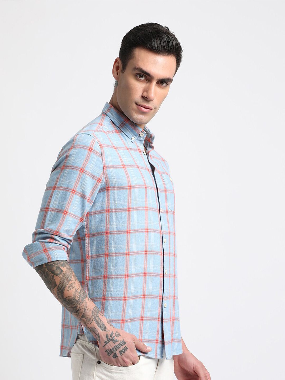 THE BEAR HOUSE Slim Fit Windowpane Checks Twill Pure Cotton Casual Shirt