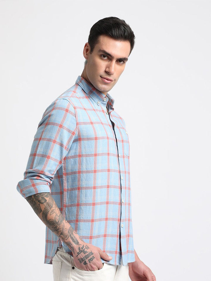 THE BEAR HOUSE Slim Fit Windowpane Checks Twill Pure Cotton Casual Shirt