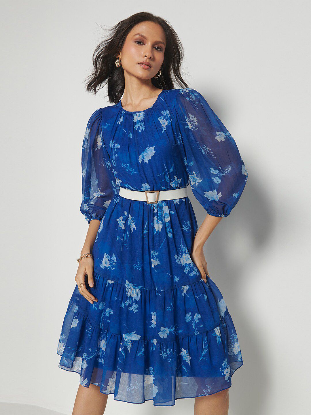 AND Floral Printed Puff Sleeves Gathered Detailed Fit & Flare Dress