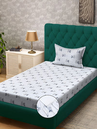 KLOTTHE White & Grey Floral Printed 300TC Fitted Single Bedsheet & 1 Pillow Cover