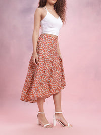 DressBerry Floral Print Tiered Flared Midi Skirt