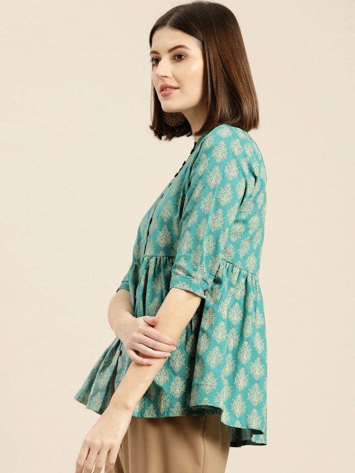 Shae by SASSAFRAS Women Teal Blue & Off-White Printed A-Line Pure Cotton Top