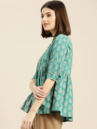 Shae by SASSAFRAS Women Teal Blue & Off-White Printed A-Line Pure Cotton Top