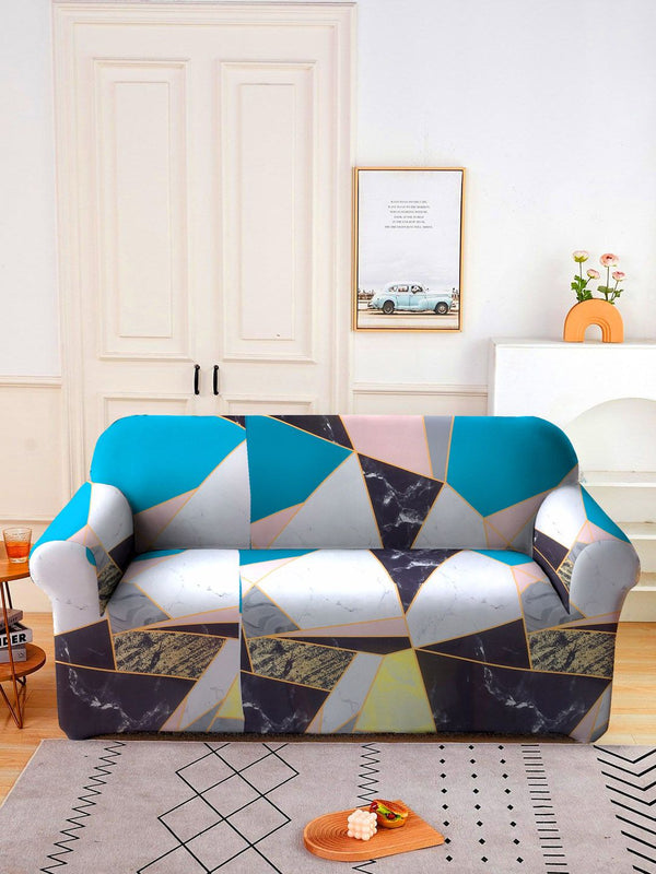 Cortina Teal Blue & Pink Geometric Printed 2 Seater Sofa Cover