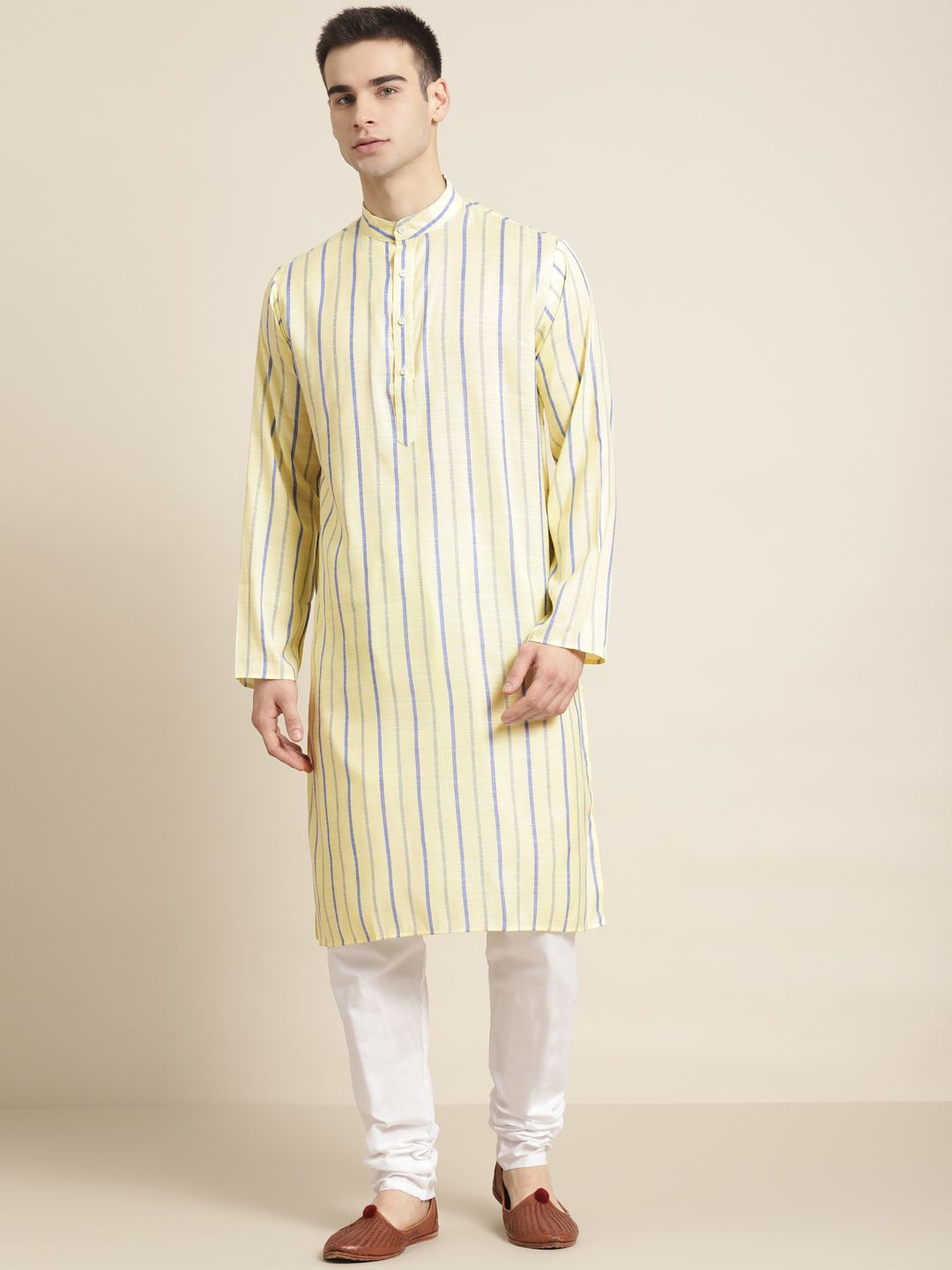 SOJANYA Kurta Lurus Berjalur Kapas Kuning & Ungu Lelaki