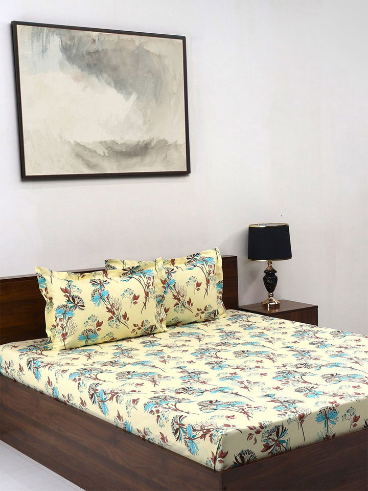 BOMBAY DYEING Cream-Coloured Floral Cotton 140 TC Double Queen Bedsheet Set-2.28 m X 2.54 m