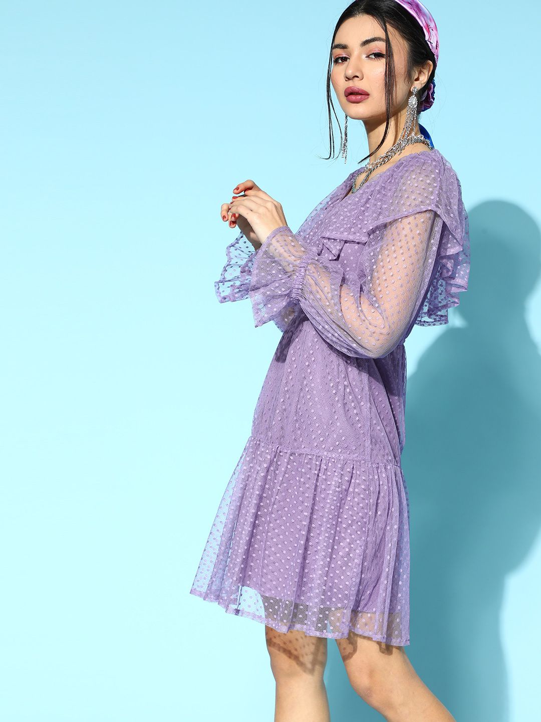 Athena Lavender Self Design Dobby Net A-Line Dress
