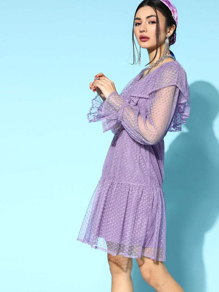 Athena Lavender Self Design Dobby Net A-Line Dress