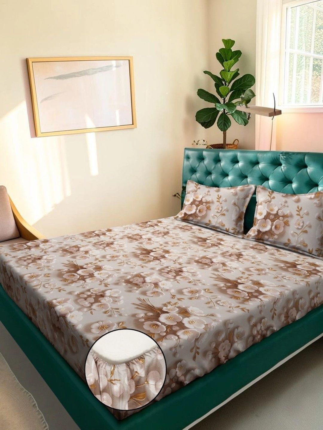 Moda Rapido X KLOTTHE Berwarna Krim & Bunga Coklat 300 TC Cadar King dengan 2 Sarung Bantal