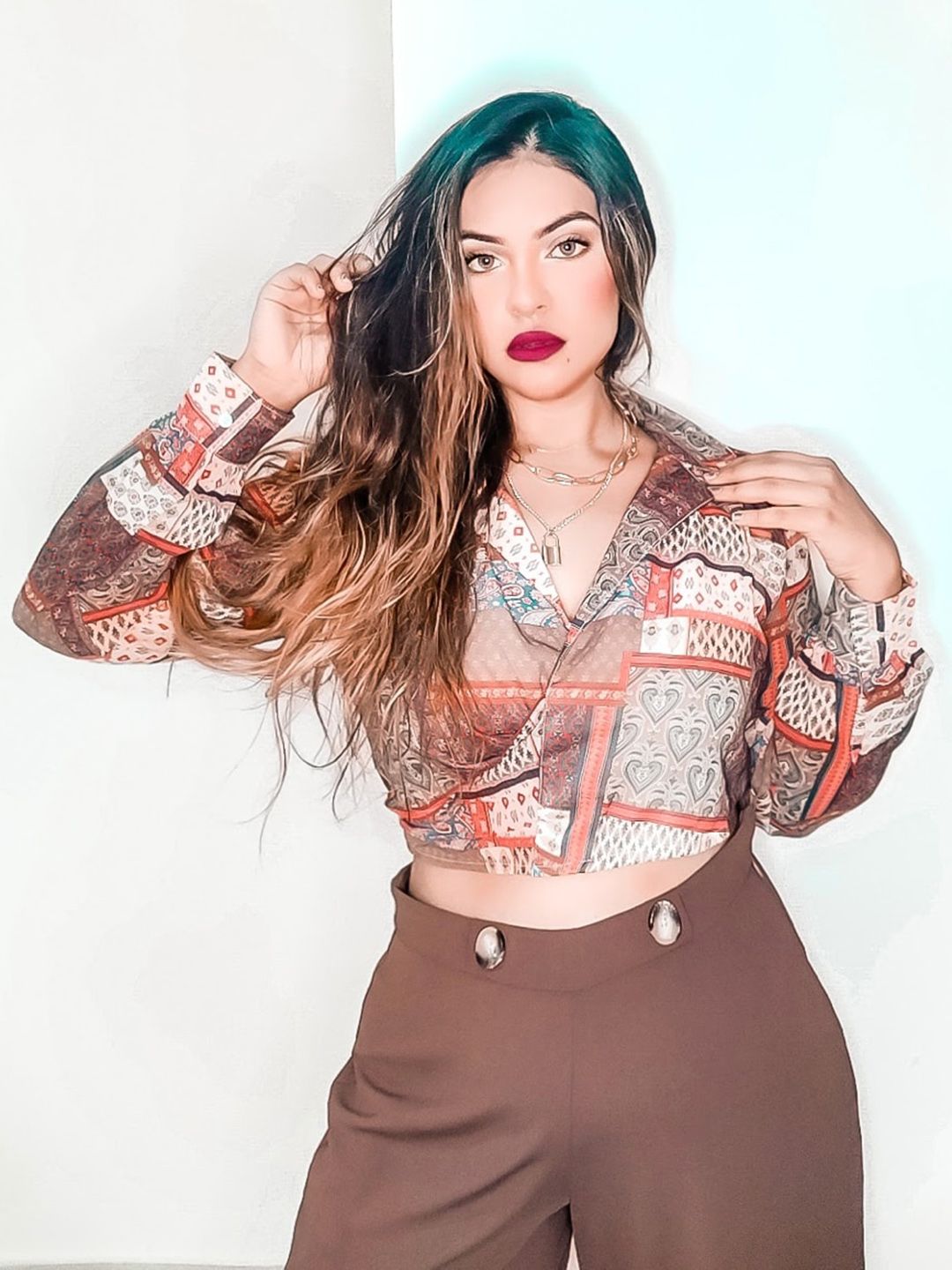 Sassafras Brown & Red Geometric Printed Georgette Wrap Crop Top