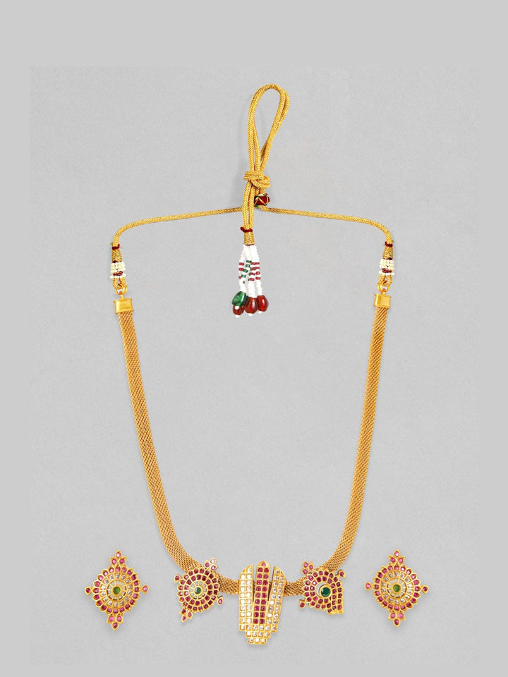 Rubans 22K Gold-Plated Ruby Pink Emerald Green & White Stone Studded Necklace Set